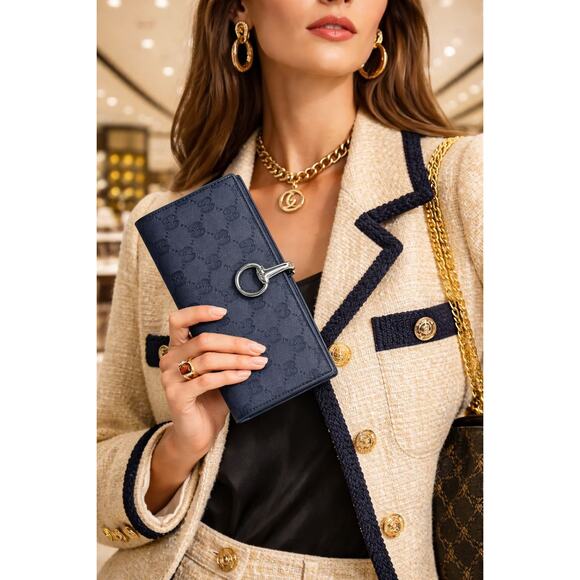 Authentic Gucci GG Canvas Long Wallet Silver Horsebit Leather Black Zip Interior - Picture 1 of 16